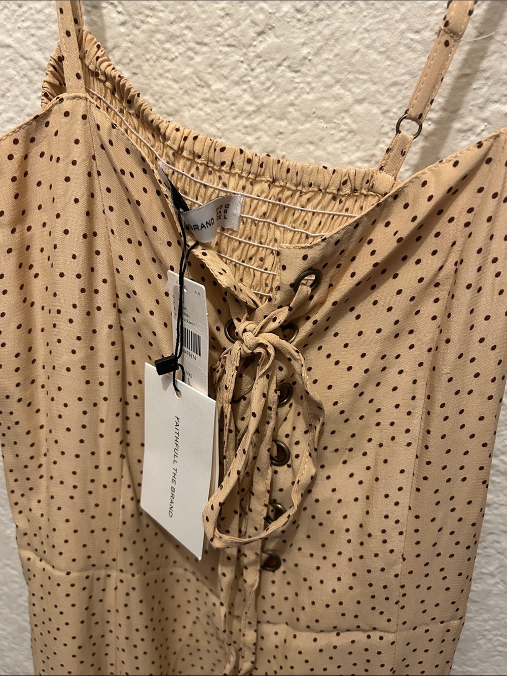 ⭐️ANTHROPOLGIE⭐️ FAITHFUL THE BRAND NWT Beige Polka Dot Lace-Up Maxi Slip Dress - Picture 4 of 13